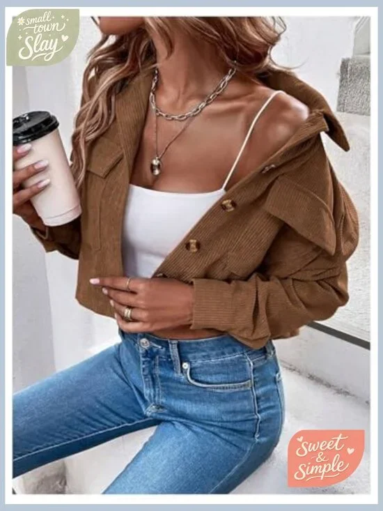 Corduroy Cropped Shacket Jacket Lightweight Long Sleeve Button Down - Picture 5 of 7